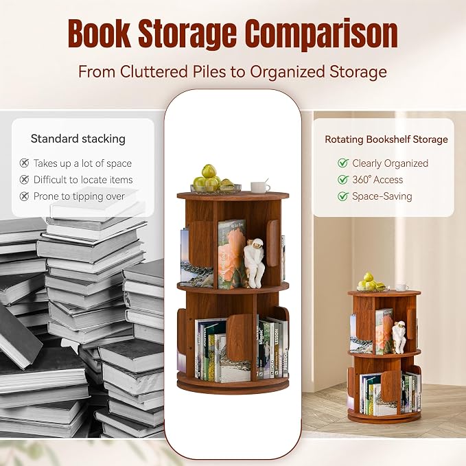 2-Tier 360° Rotating Bookshelf, Round Floor Standing Bookcase - Image 3