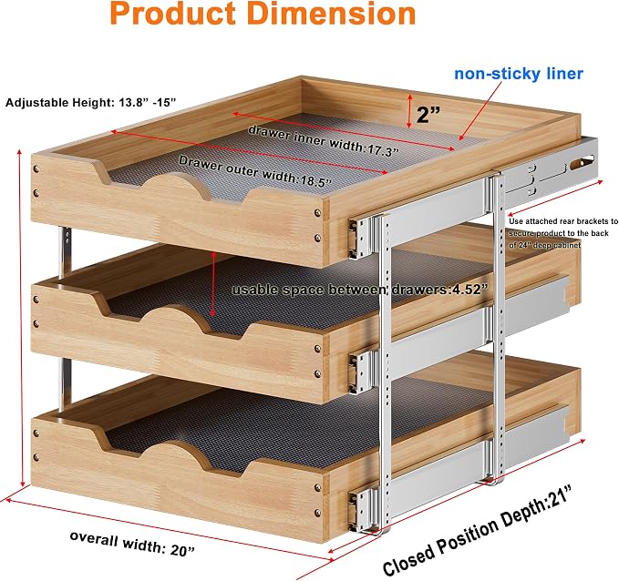 DINDON 3 Tier Pull Out Cabinet Organizer 20”W X21”D Slide Out Shelves - Image 2