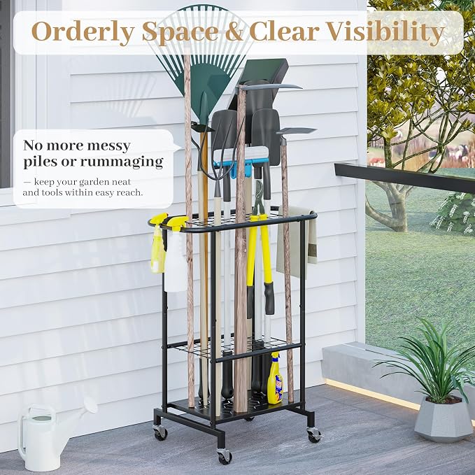 Garden Tool Organizer with Wheels, Heavy Duty Metal Garage Tool Storage Rack - Image 7