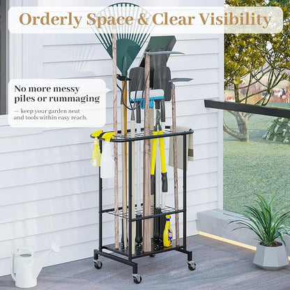Garden Tool Organizer with Wheels, Heavy Duty Metal Garage Tool Storage Rack - Image 7