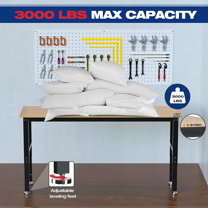 WORKPRO 72" Adjustable Workbench, 3000 LBS Load Capacity Hardwood Garage - Image 2