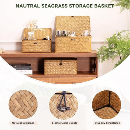 Nonam Storage Basket with Lid, Natural Seagrass Bin with Lid Set of 3, Shelf - Image 9