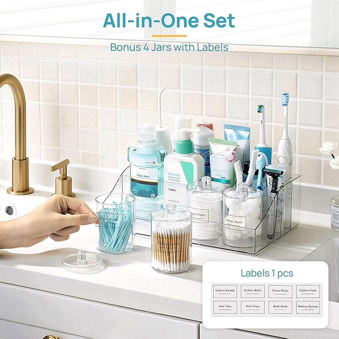 Vtopmart 5 PCS Bathroom Countertop Organizer Sets | 1 Divided Tray, 4 Qtip - Image 3