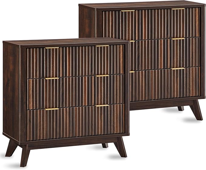 T4TREAM Fluted 3 Drawers Nightstand Set of 2, Oversized Extra Large Modern Side by T4TREAMFurniture