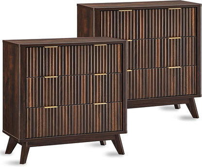 T4TREAM Fluted 3 Drawers Nightstand Set of 2, Oversized Extra Large Modern Side by T4TREAMFurniture