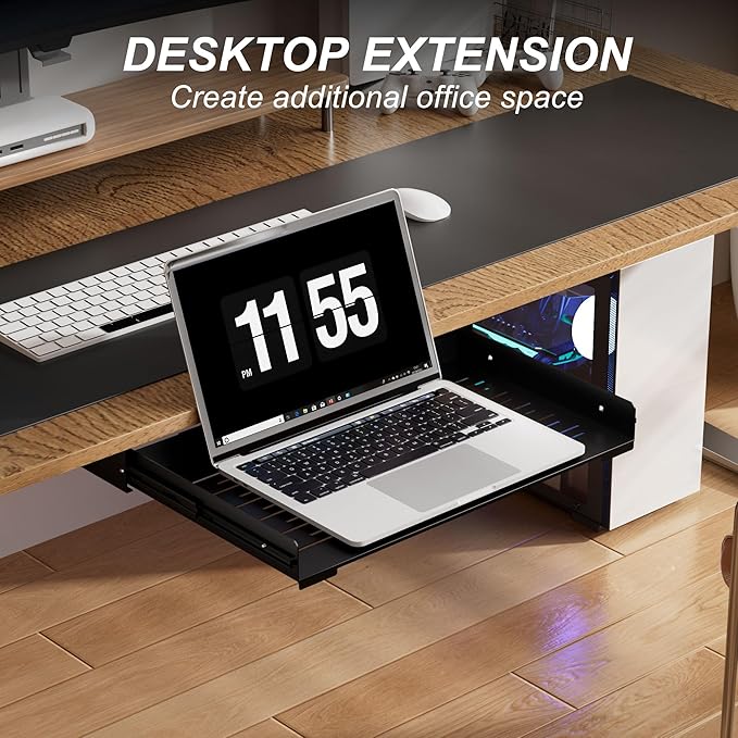 Under Desk Laptop Drawer, 22.8'' Wide Pull-Out Tray – Metal Perforated Bottom - Image 3