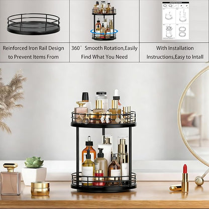 2-Tier Rotating Bathroom Countertop Organizer, Wooden Makeup Vanity Storage - Image 6