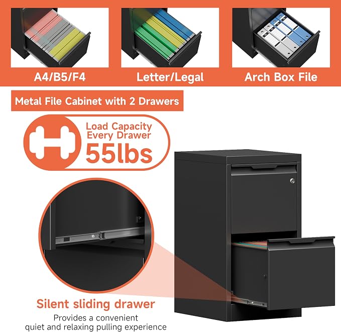 Metal Filing Cabinet With Lock, Vertical 2 Drawer Cabinet - Image 4