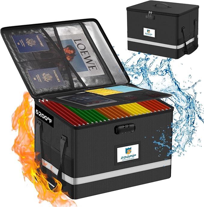Fireproof File Box with Lock, 5200℉ Document Organizer, Reflective Strip by ZOOPIP