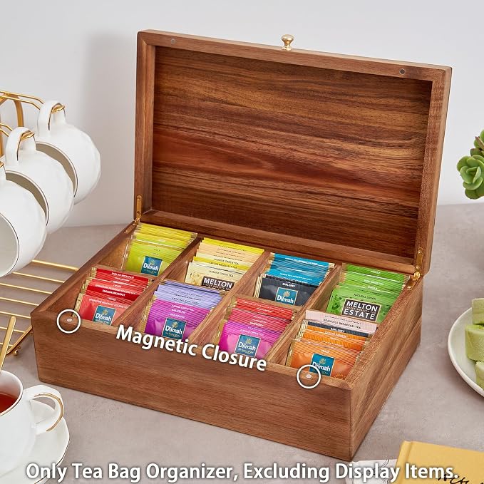 SARUFO Acacia Wood Tea Bag Organizers, Tea Packet Storage Boxes, 8-Compartment - Image 4