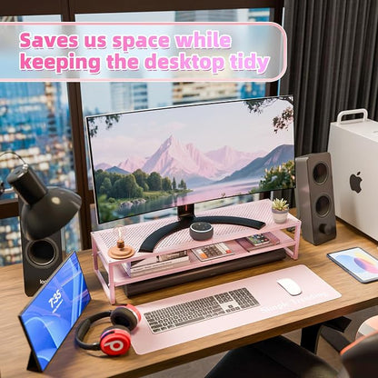 Simple Trending 2 Tier Metal Dual Monitor Stand Riser, Computer Office Desktop - Image 3
