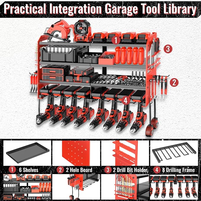 Metal Power Tool Organizer Rack Wall Mount, Garage Tool Drill Storage Shelves - Image 3