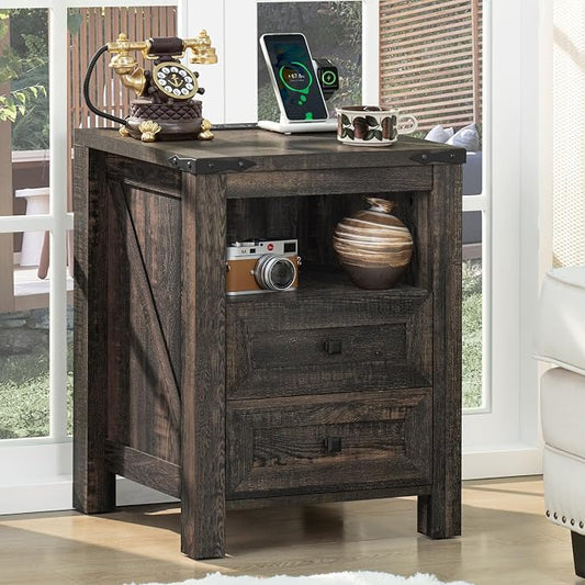 Nightstand with Charging Station and USB Port, Farmhouse Side End Table with 2 by Joaxswe