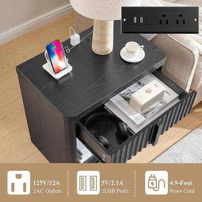 Fluted Nightstand with Charging Station, 23.6" End Table with Open Shelf and - Image 4
