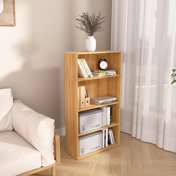 Wooden 4 Cube Storage Organizer, 4 Tier Low Bookcase Storage Display Organizer - Image 2
