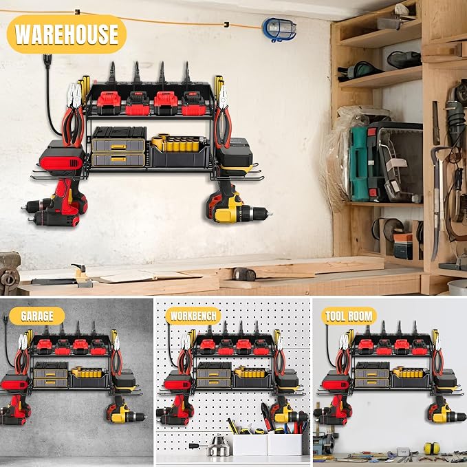 Power Tool Organizer Wall Mount, 2 Layers Heavy Duty 4 Cordless Drill Holder - Image 7