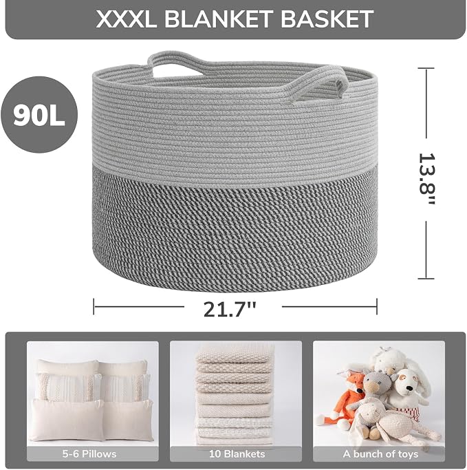 INDRESSME Extra Large Laundry Basket, Cotton Rope Blanket Basket - Image 3