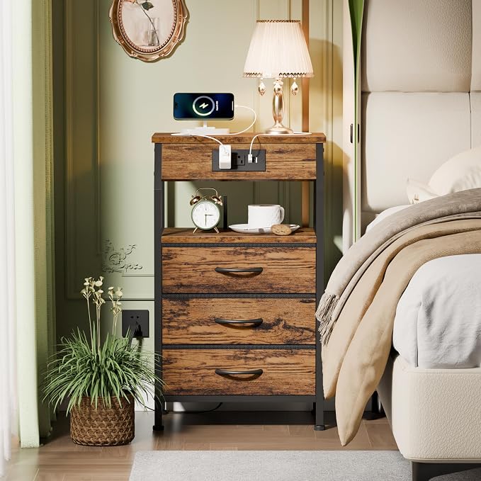 Furnulem Night Stand with Charging Station, 3 Fabric Drawers Bedside Table | - Image 2