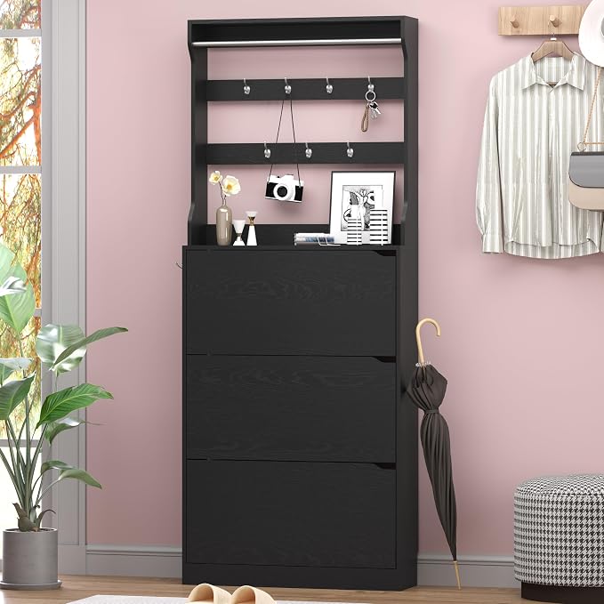 BORNOON Shoe Cabinet with 3 Flip Drawers & Coat Rack, Narrow Hidden Shoe - Image 3