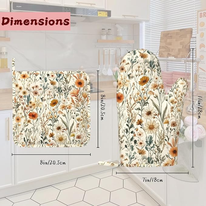Vintage Flowers Silicone Oven Mitts and Pot Holders, Boho Heat-Resistant 4 - Image 2