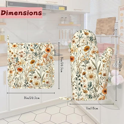 Vintage Flowers Silicone Oven Mitts and Pot Holders, Boho Heat-Resistant 4 - Image 2
