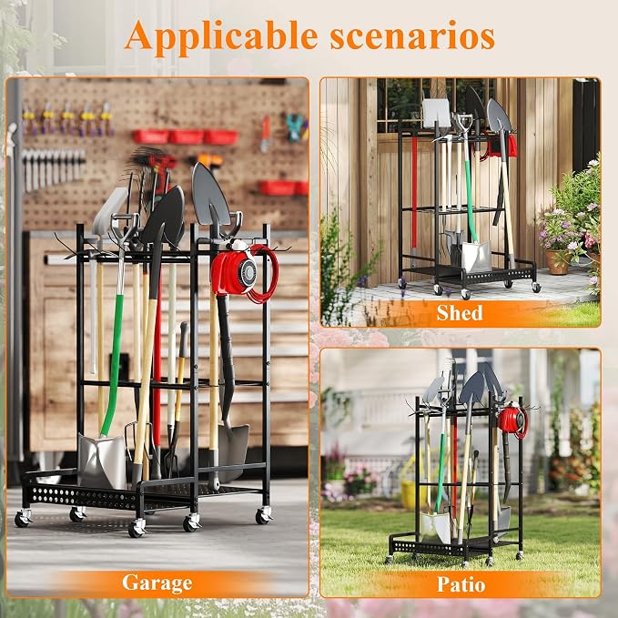 Garden Tool Organizer with Wheels, Heavy-Duty Steel Garage Tool Storage Rack - Image 3