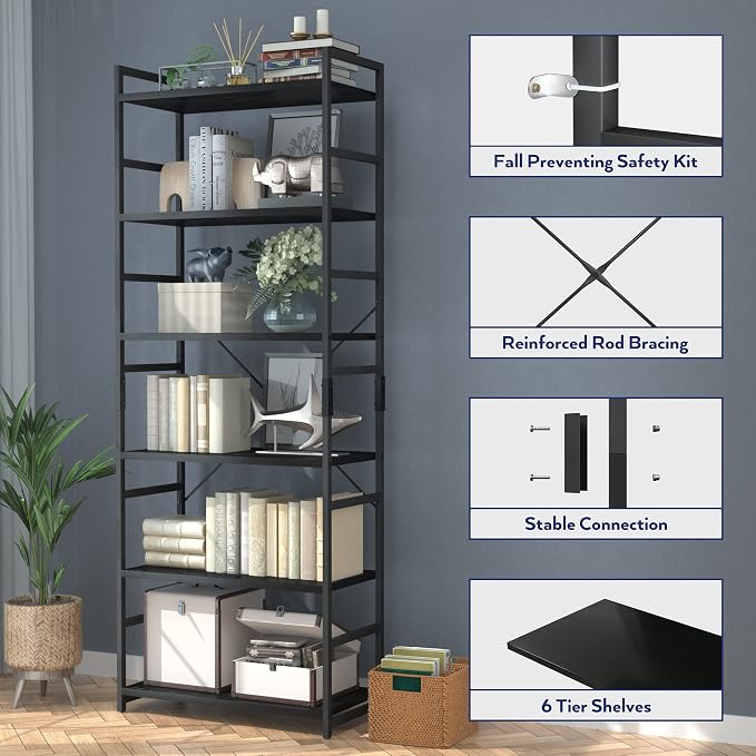 NUMENN 6 Tier Bookshelf, Tall Freestanding Open Storage Bookcase, Support Bars - Image 6