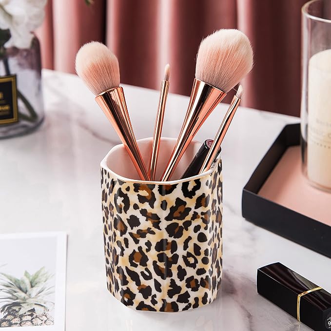 Jwest Pen Holder, Makeup Brush Holder Ceramic Shiny Gold Leopard Cheetah - Image 7