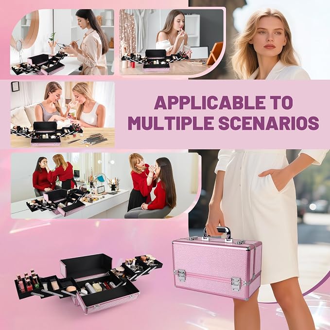 Large Makeup Train Case Cosmetic Organizer Case Makeup Box Portable Make Up - Image 7