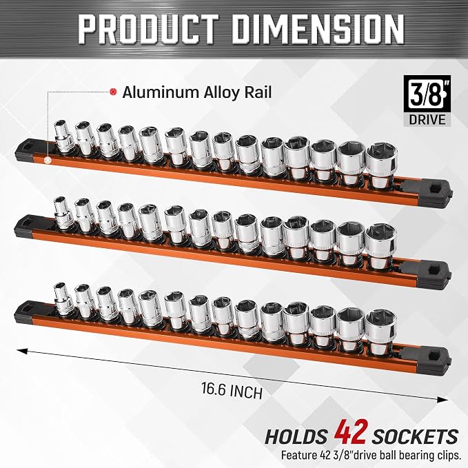 ALOANES 3-Piece Magnetic Socket Organizer, Heavy Duty Aluminum Socket Rails - Image 2