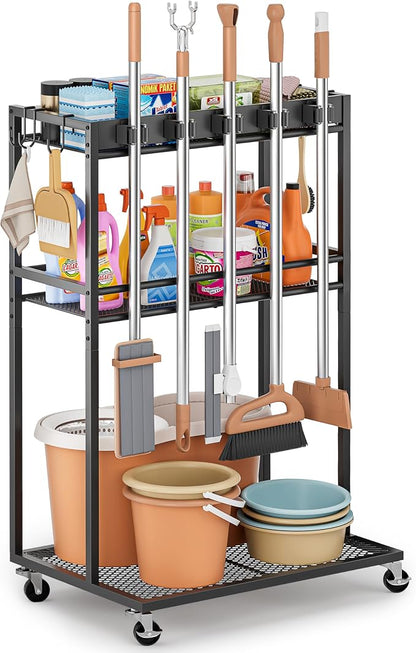 Broom Holder with Cleaning Supplies Organizer, Broom Closet Storage Cabinet by Olakee