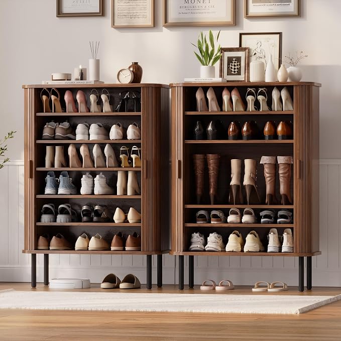 6-Tier Shoe Cabinet with Sliding Door, Wooden Shoe Storage Cabinet with - Image 6