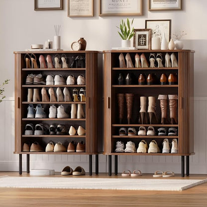 6-Tier Shoe Cabinet with Sliding Door, Wooden Shoe Storage Cabinet with - Image 6