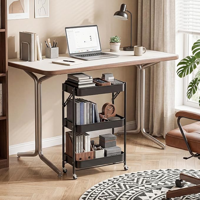 JAQ No Assembly Required Under Desk Rolling Cart, 3-Tier Foldable Metal Utility - Image 4
