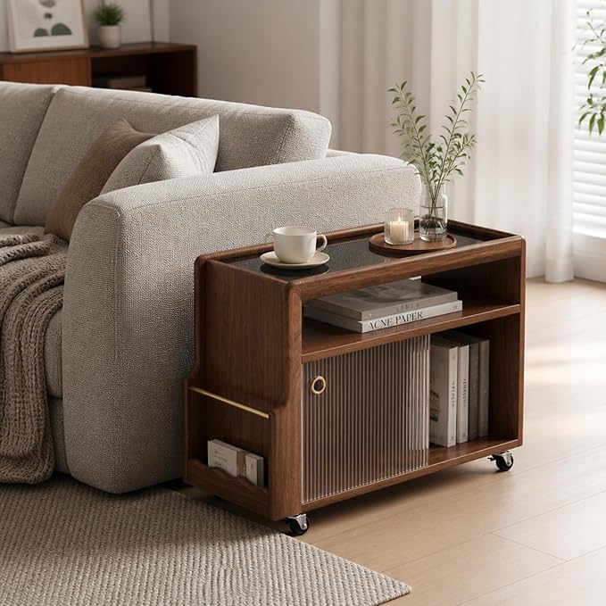 Black Walnut Side Table with Storage, Narrow End Table with Magazine Rack | - Image 3