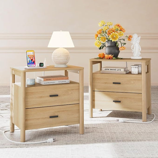 Night Stand Set of 2 with Charging Station, 2 Drawers End Table with Open Shelf by FavourLife