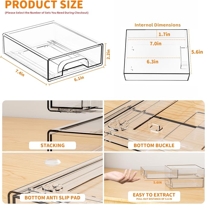 Yieach 2.2'' Tall Acrylic Clear Stackable Storage Drawer Organizer, 8 Pack Desk - Image 3