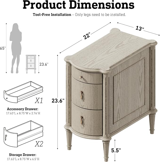 STO'SENSE Nightstand w/Charging Station & 3 Drawers, Pre-Assembled, Vintage - Image 2