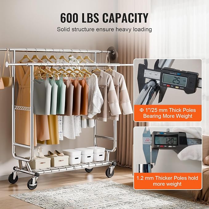 VEVOR Clothes Rack, Rolling Clothing Garment Rack, Extendable Carbon Steel - Image 4