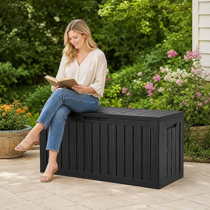 98 Gallon Large Deck Box, Waterproof Resin Outdoor Storage Box Lockable - Image 8