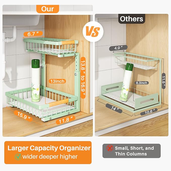 PXRACK Under Sink Organizer, Adjustable Height, 2 Tier Pull Out Under Cabinet - Image 2