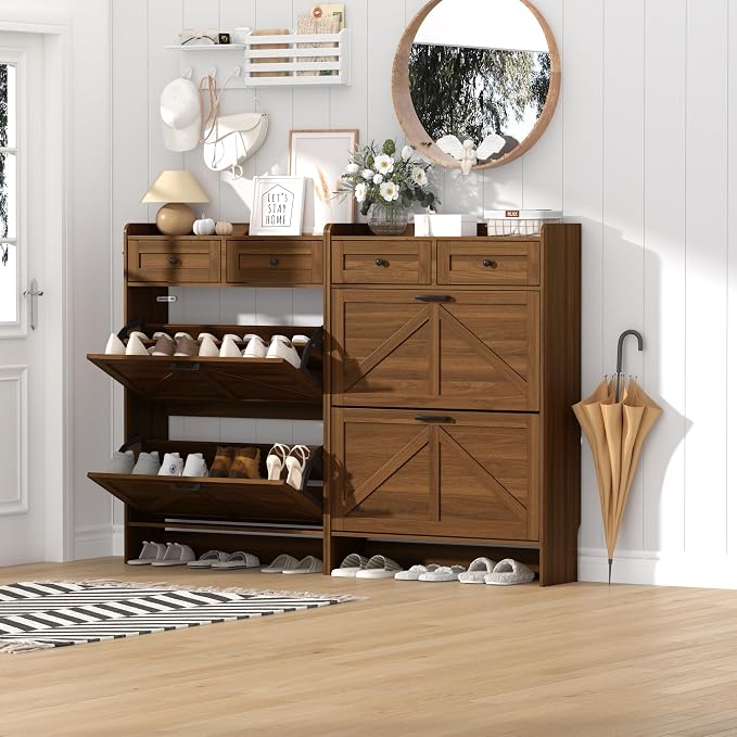 Thacuok Shoe Cabinet with 2 Flip Drawers & 2 Storage Drawers, Rustic Farmhouse - Image 8