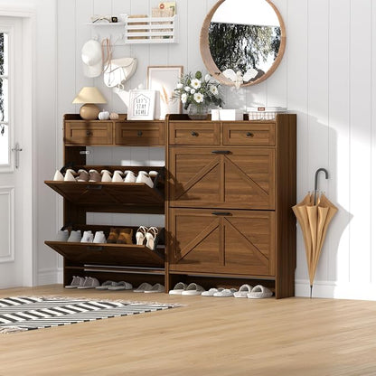 Thacuok Shoe Cabinet with 2 Flip Drawers & 2 Storage Drawers, Rustic Farmhouse - Image 8