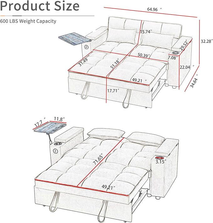 hansones 65" 3-in-1 Sofa Bed, Pull Out Sleeper Sofa - Image 2