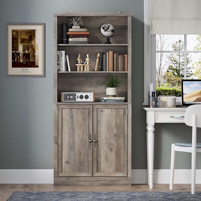71.4" Tall Bookshelf with Cabinet, 5-Tier Floor Standing Bookcase with Doors & - Image 3