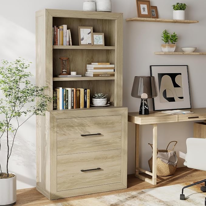 Multi-Depth Bookcase with 2 File Drawers, Bookshelves Floor Standing 3 Tier - Image 2