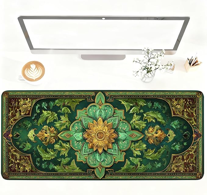 Green Vintage Floral Mouse Pad – Large Extended Desk Mat 35.43 x 15.75 in – by LEIWEIHOPE