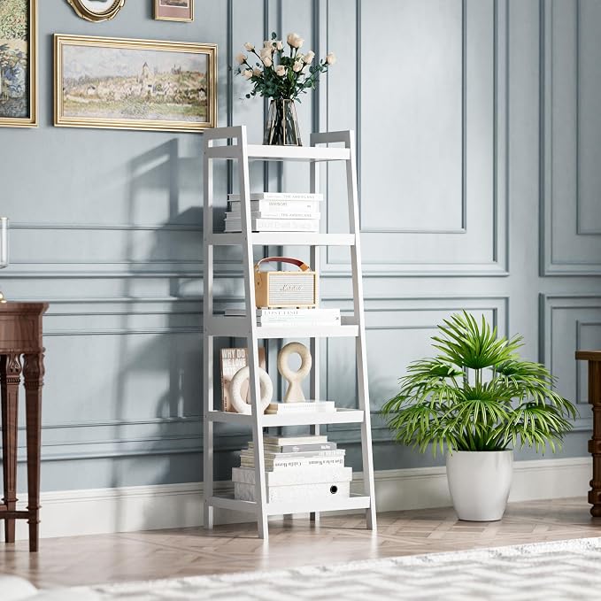 SMIBUY Bamboo Ladder Bookcase, Bathroom Storage Rack Organizer, 4 Tier and 5 - Image 2
