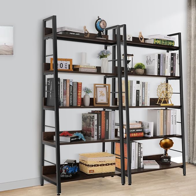 Himimi Industrial Ladder Shelf, Rustic 5 Tier Leaning Bookshelf, Wood Metal - Image 5