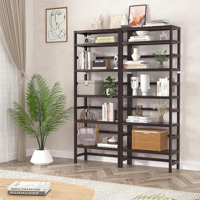 Homykic 6-Tier Bamboo Bookshelves and Bookcases, Adjustable 63.4”Tall Shallow - Image 2